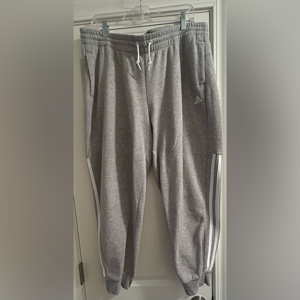 Adidas Women's Gray Track Pants with White Stripes